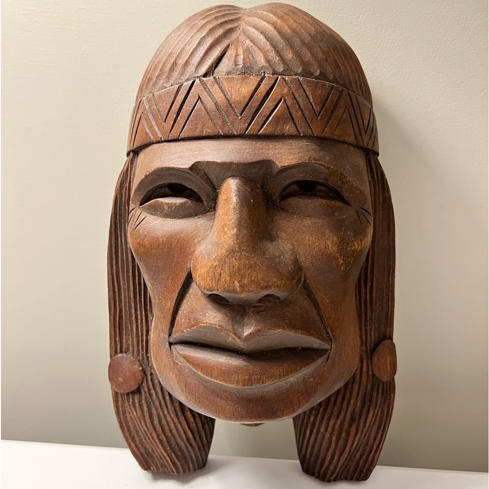 Vintage Hand Carved Wood Native American Indian Head Wall sculpture - Picture 9 of 12